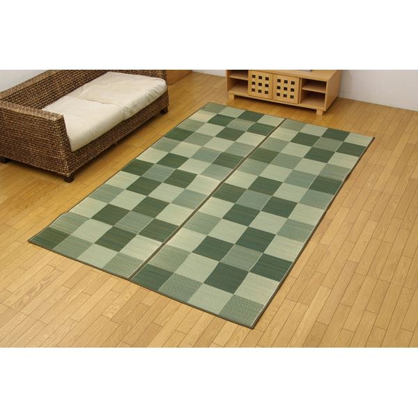 日本製 い草 花ござ/ラグマット ブロック柄 グリーン 江戸間6畳 約261×352cm 裏：ウレタン 防傷 抗菌 防臭 調湿代引NG カーペット・マット・畳 マット