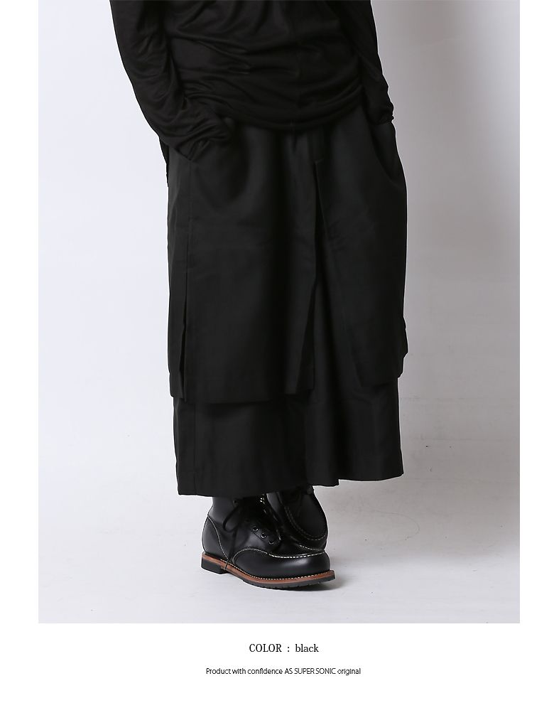 春夏新作モデル ガウチョパンツ メンズ ロング モード系 レイヤードパンツ スカート付き ワイドパンツ V系 メンズファッション ブラック 日本製 As Super Sonic ズボン パンツ