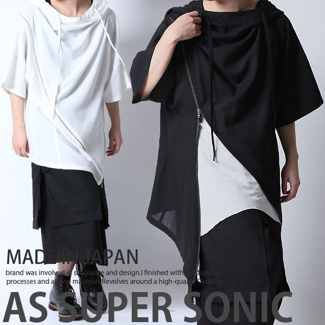【日本製】カットソー メンズ モード系 半袖 ビッグシルエット フロントZIPワイドカットソー AS SUPER SONIC