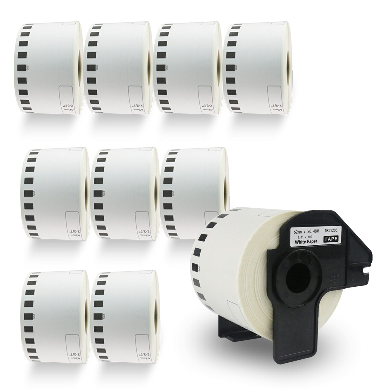 互換ブラザー用 DK-2205 長尺紙テープ(大) 10個セット ホルダー付き(62mm x 30.48m) ラベル 感熱紙シール(10ロールホルダー1個) DK-22205 宛名ラベル 感熱ラベルプリンター用 QL-550 QL-650TD QL-700 QL-720NW QL-800 QL-820NWB QLシリーズ用DKテープ感熱白テープ黒字