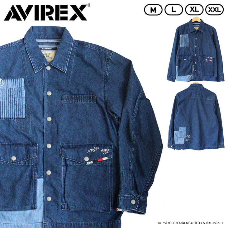 AVIREX アヴィレックス アビレックス REPAIR CUSTOM&EMB UTILITY SHIRT JACKET デニムカバーオール リペア ハンド刺繍 ユーズド加工 デニムジャケット チノ 10ozデニム 秋 冬 上質 ミリタリー カジュアル おすすめ かっこいい おしゃれ 人気 トレンド 丈夫 長持ち 経年変化