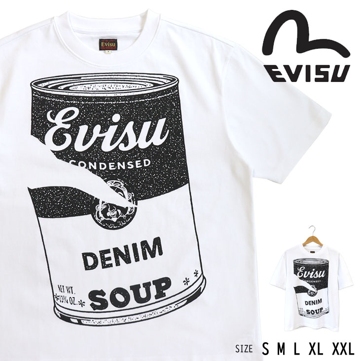EVISU エヴィス リラックスフィット Tシャツ デニムスープ DENIM SOUP 半袖Tシャツ プリント 缶詰 半袖 アメカジ かっこいい 丈夫 ゆったり 大きいサイズ 綿100％ コットン メンズ 男性 レディース 女性 カジュアル おすすめ ブランド ロゴ かわいい ホワイト 白｜ミトマン店