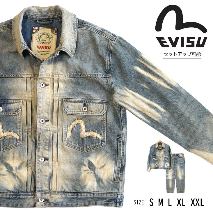 EVISU エヴィス ウォッシュド デニムジャケット ジージャン Gジャン ヴィンテージ感 色落ち 古着風 リメイク かっこいい トレンド 長袖 アウター ウォッシュ加工 メンズ 男性 レディース 女性 おすすめ 流行 ポケット 個性的 お出かけ ツーリング