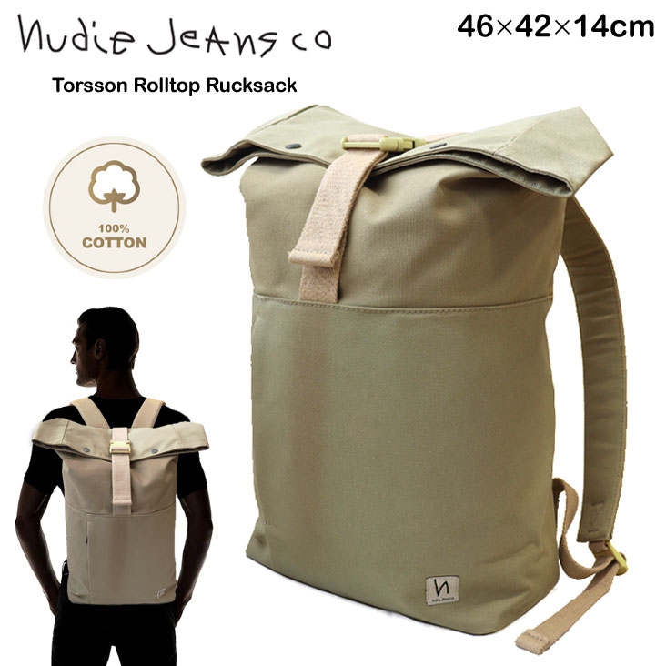 Nudie Jeans ヌーディージーンズ Torsson Rolltop Rucksack 背嚢 うしろ側うしろ側 鞄 ロールストップベルト 綿100% 思わしい 耐久性 経年上がり下がり 大静電容量 納める力 メンズ レディース ユニ一発やる ロゴタイプ 隠し 御前上等 一般受け 大静電容量 今めかしい 分かりやすい ブランド名 ベージュ