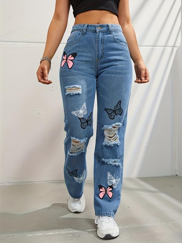 レディース デニムパンツ ストレート ハイウエスト 蝶プリント 破れダメージ 切り替えカラー カジュアル 普段使い 伸縮性 軽量 ボトムス ジーンズ