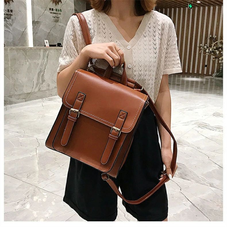 楽天市場】レトロ カバン PUレザー スクールバッグ バックパック 黒