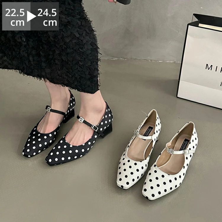 パンプス ローヒール スクエアトゥ ポインテッドトゥ ドット バイカラー メリージェーン 4cmヒール 痛くない 歩きやすい 走れる レディース ストラップ ハイヒール ローヒール 太ヒール 柔らかい 韓国 春 夏 秋 22.5-24.5cm 白 黒