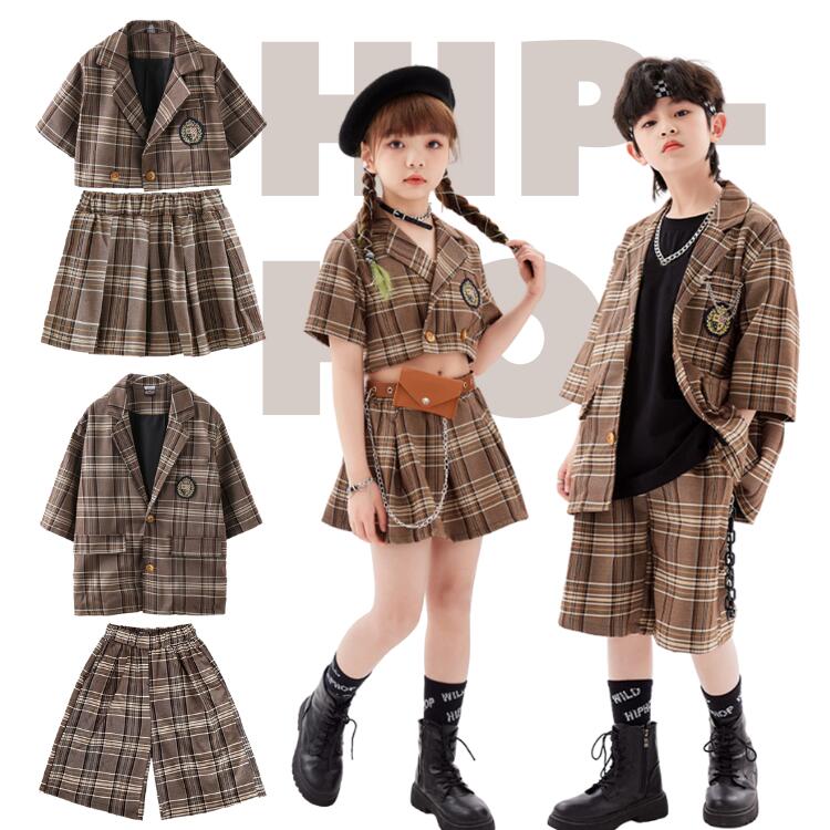 キッズダンス衣装 ヒップホップ コーヒー チェック柄 女の子 男の子 スカート ショーツ セットアップ２点セット 団体 ピンク ホワイト 演出会 応援団 発表会 オシャレ 舞台服 キッズ 子供服 韓国 ヒップホップ 団体服 練習着 応援団 原宿系 k-pop トップス チアガール