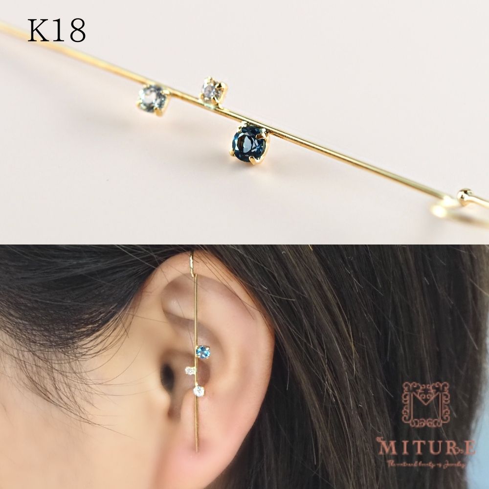 ブルートパーズ ピアス K18 18金 18k イヤーラップピアス アレルギー対応 フック ダイヤモンド レディース シンプル ジュエリー アクセサリ ゴールド おしゃれ ギフト オフィス 片耳販売｜MITURE 店