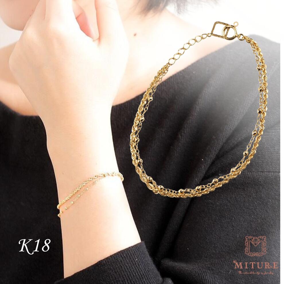 k18 ロープ チェーン シャイニーロープ 18k チェーンブレスレット 2連 ブレス 太め k18 18金 18k 18cm ゴールド ゴールドチェーン レディース｜MITURE 店