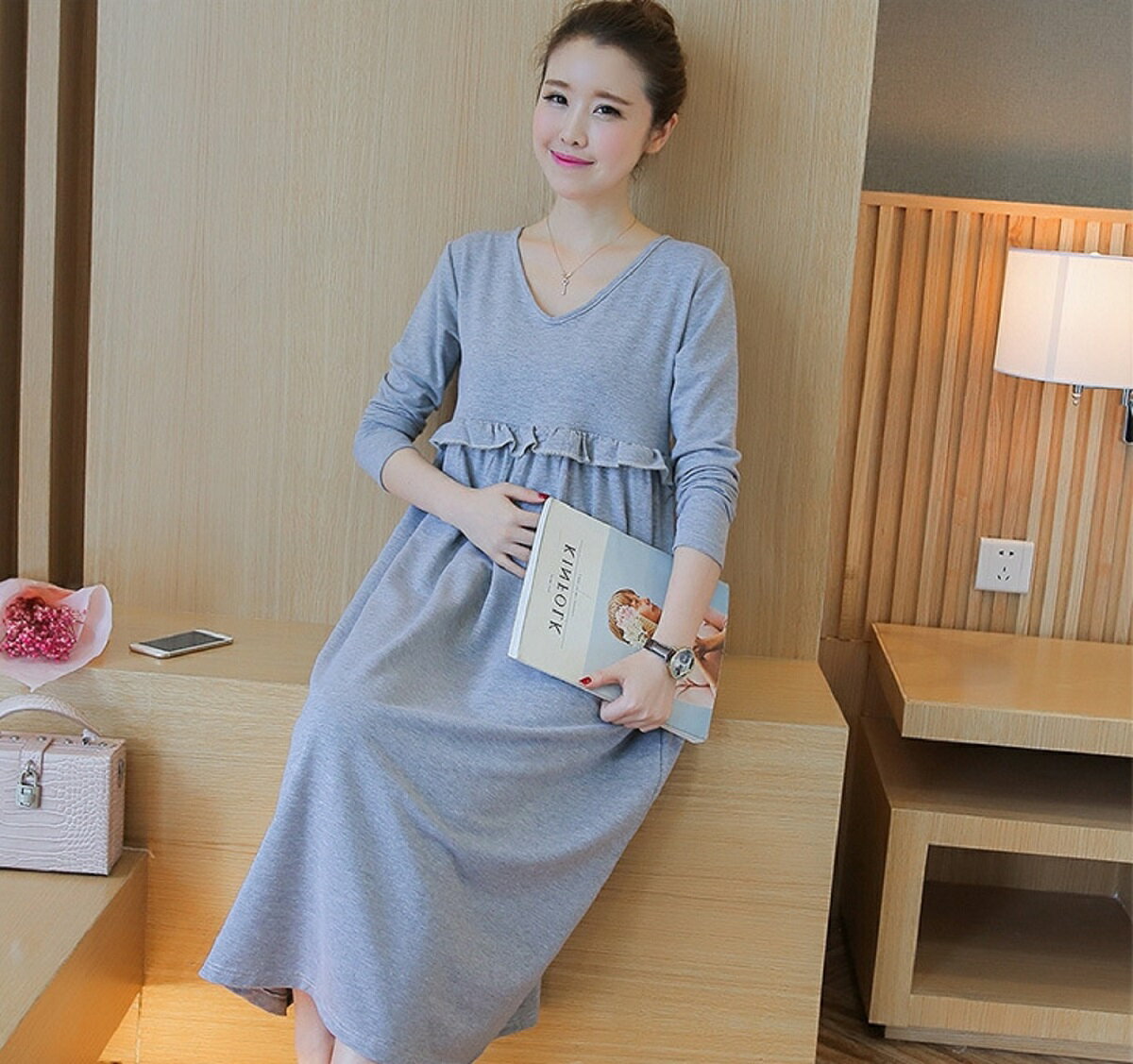 楽天市場 マタニティ 長袖 ロング ワンピース 授乳服 授乳口付き 胸フリル 妊婦服 妊婦用 マタニティウェア 産前産後ok ミオリ 楽天市場店