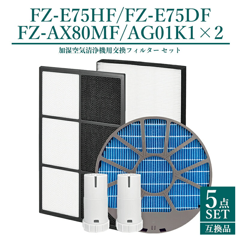 【即納】シャープ 加湿空気清浄機用 fz-e75df 脱臭フィルター fz-e75hf 集じんフィルター fz-ax80mf (枠付き) 加湿フィルター fz-ag01k1 イオンカートリッジ×2 交換用 空気清浄機 フィルター【互換品/5点フルセット】