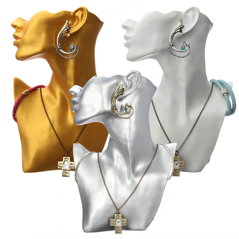 店舗用アクセサリーディスプレイ シルバー 銀色 顔 上半身 撮影用 ピアス スタンド ネックレス チョーカー ペンダント 耳 胸 体 ディスプレイ 業者 マネキン 撮影用 動画用 写真用 大きい マネキン 立て 体 ショップ 新規開店 チェーン 飾る 展示 ショーケース 什器