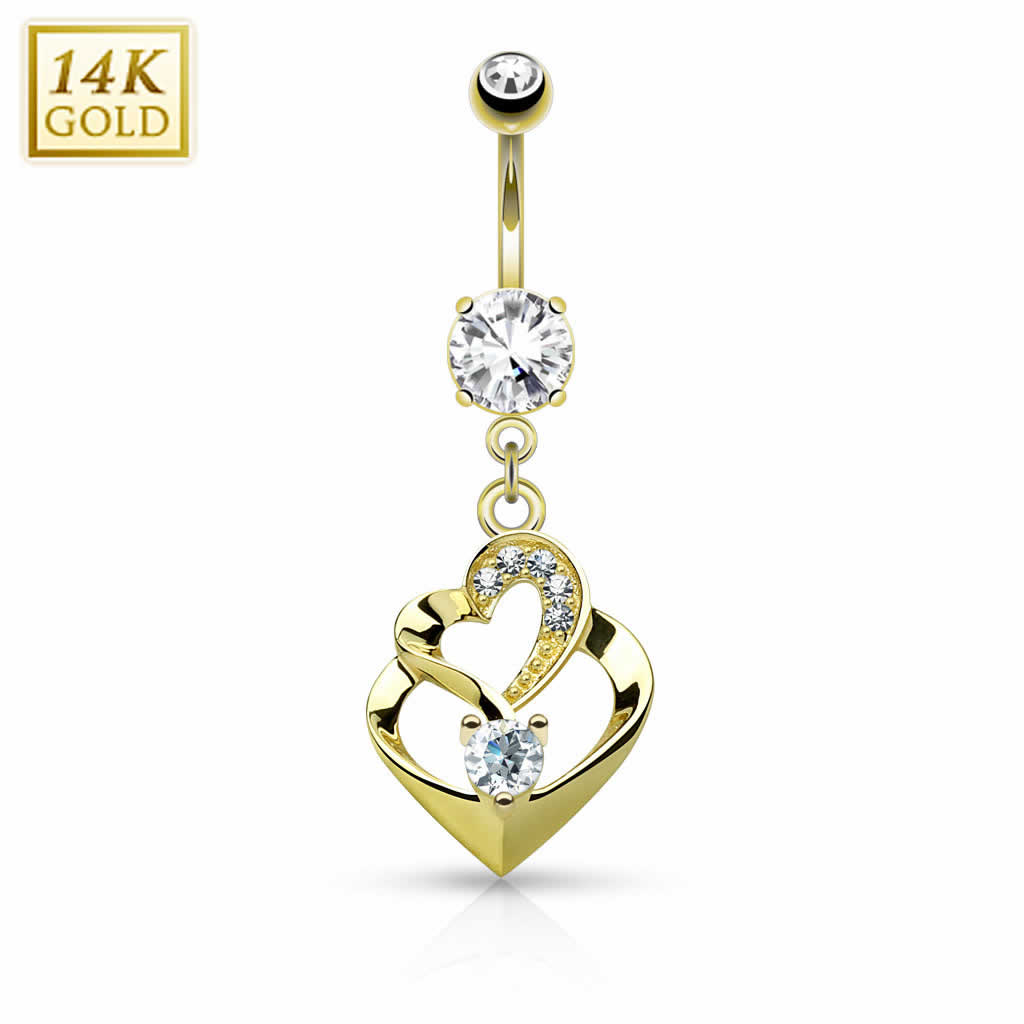 [14K 目じるしあり K14 黄色ゴールド 上半身ピアス] 14金 ダブルハートクリスタル お臍ピアス 14G 14g 14ゲージ 上半身ピアス ヘソピアス 臍ピアス メンズ レディース キュービックジルコニア 差し上げ物 生まれ落ちる日 祝する日 クリスマス 御前上等 目じるし付き添い人 開けはなしハート型 2個