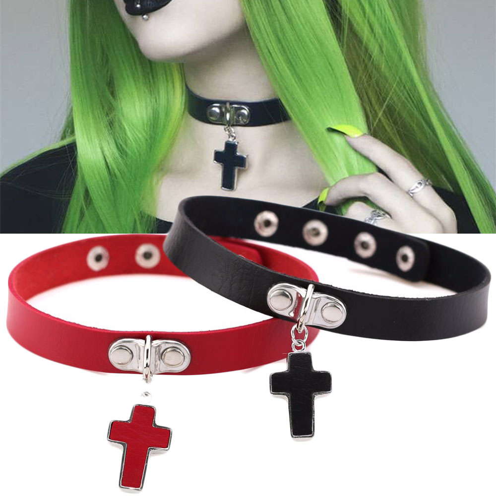 Cross Charm Leather Choker, Carbon Daisy Style, Cross, Lariet Style, Halloween, Necklace, Women's, Black, SM Style, Red, Red, Neck Belt, Tight, Cosplay, Costume, Funny, Funny Leather, Punk, Rosary, Hard Harajuku