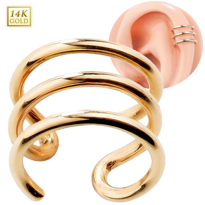 14金 ノンホールピアス 女性 本物 鼻 イエローゴールド 14k スリーバンドイヤーカフ 1個販売 3連風 18g 風 リング型 イヤリング 男性 女性 メンズ K14 シンプル イエローゴールド レディース フェイク 高級 鼻 プレゼント 軟骨 耳 フープピアス風 口 ノーズ リングピアス風