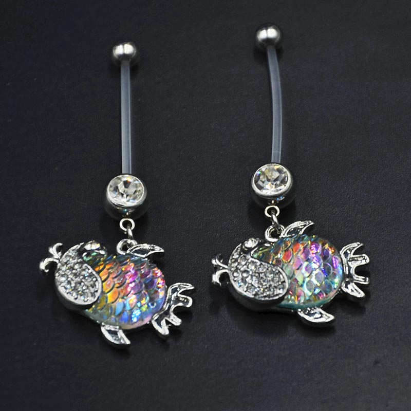 妊娠用 へそピアス バイオフレックス オーロラフィッシュ 虹色 14g 1 6mm シャフト 長い 臍ピアス ヘソピアス 内径 熱帯魚 クリスタル 人気 短い サカナ ボディピアス プレゼント 魚 マタニティ 赤ちゃん 妊婦用 出産祝い シルバー ママ ギフト 可愛い ジルコニア14ゲージ