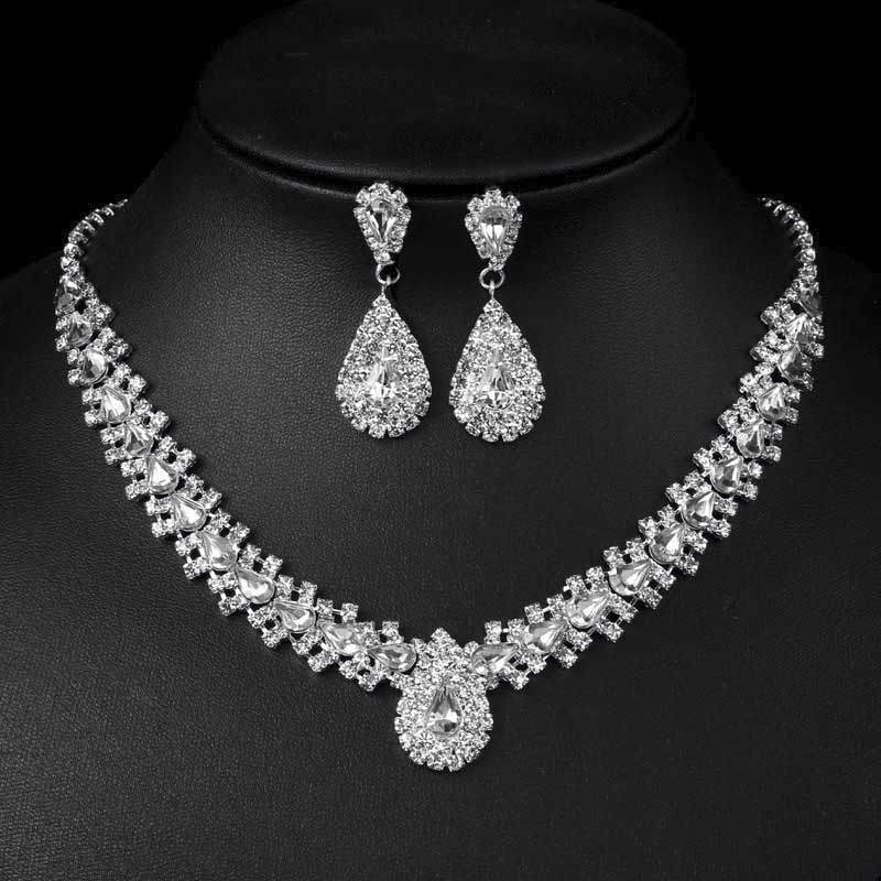 アイスティアードロップクリスタルウエディングジュエリーセット ピアス 結婚式 チョーカー 発表会 ネックレス 首飾り ブライダル レディース 卒業式