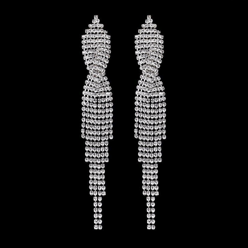 GENDARY CRYSTAL WEDDING JEWELRY EARRINGS 1 PAIR SILVER BRIDE WEDDING PARTY OUTFIT LONG SWING ZIRCONIA Rhinestone Ladies Present 20G 20 Gauge Female Bridal Bride Concert Cabaret Hostess Photography Studio Elegant Mother Mom Club Popular