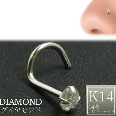 [ 14金 ホワイトゴールド ダイヤモンド 鼻ピアス 20G ] 人気サイズ ダイヤ 品質（クラリティ SI 2.5mm）K14WG 20ゲージ 本物 14金ゴールド ギフト プレゼント 高級 ボディピアス メンズ レディース カラット スクリュウ 白金 ノーズスクリュー カーブ ツイスト｜ピアス専門ショップGreen Piercing
