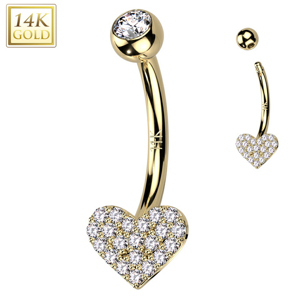 [14K 刻印あり K14 イエローゴールド ボディピアス] 14金 パベクリスタルハート へそピアス 1個販売 キラキラ パヴェ ジュエル ストーン 石付き キュービックジルコニア 14G 14ゲージ ヘソピアス 臍ピアス レディース プレゼント 女性 母の日 ママ 高級 大人カワイイ