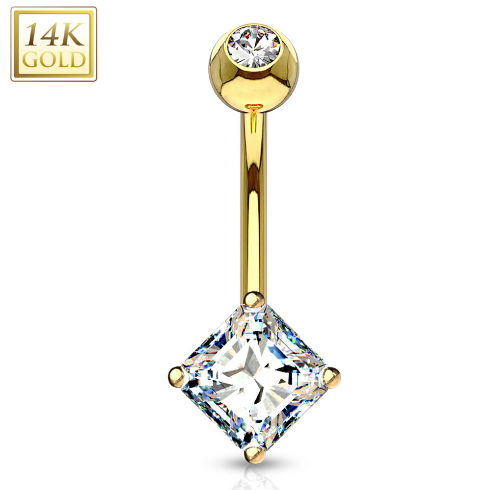 [14K 目じるしあり K14 黄色ゴールド 上半身ピアス] 14金 真四角結晶 お臍ピアス 1個売りわたす キラキラ ジュエル 石ころ 石付き添い人 キュービックジルコニア 14G 14ゲージ ヘソピアス 臍ピアス レディース 差し上げ物 亭主もち 母の日 おっ母さん 分かりやすい 四辺形