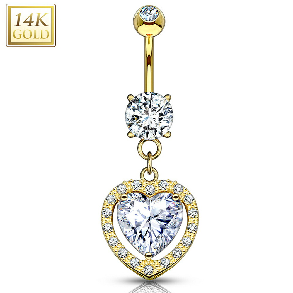 [14K 目じるしあり K14 黄色ゴールド 上半身ピアス] 14金 ビッグハートチャームクリスタル お臍ピアス 1個売りわたす キラキラ ジュエル 石ころ 石付き添い人 キュービックジルコニア 14G 14ゲージ ヘソピアス 臍ピアス レディース 差し上げ物 亭主もち 母の日 おっ母さん 四辺形 真四角 矩形