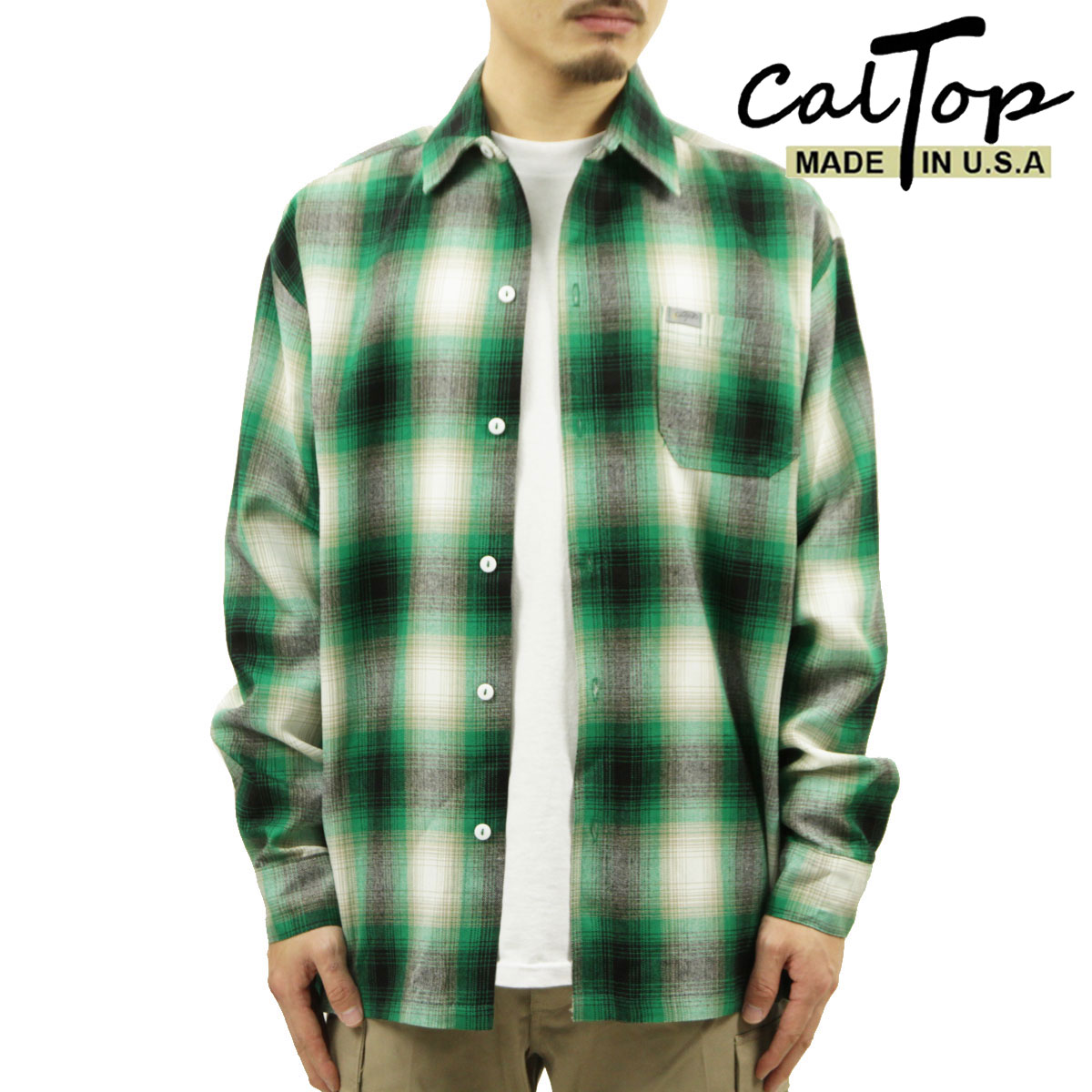 【ポイント10倍 4/4 20:00～4/10 1:59】 キャルトップ 長袖シャツ メンズ 正規品 CALTOP ACRYLIC OMBRE CHECK LONG SLEEVE SHIRTS 長袖 カルトップ チェックシャツ フレネルシャツ ネルシャツ オンブレ オールドスクール 2000LS GREEN / WHITE