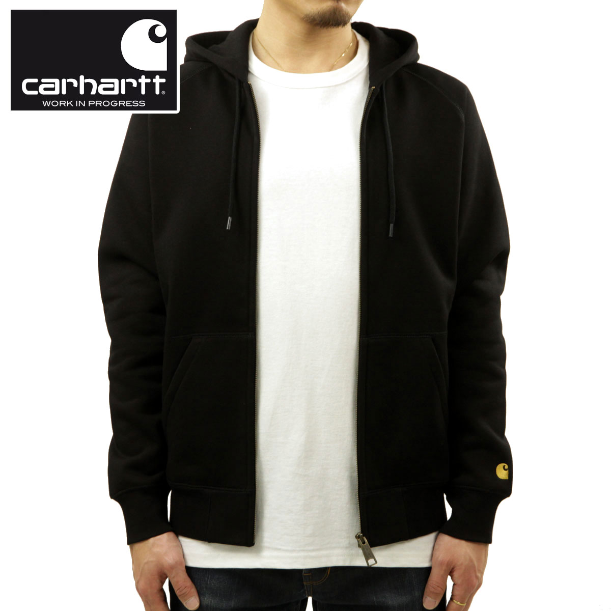 鉄道車両ハート型 パーカー メンズ 置き目品 CARHARTT WIP ジップアップパーカー HOODED CHASE JACKET BLACK / GOLD I033664 00FXX 父の日 差し上げ物 ラッピング