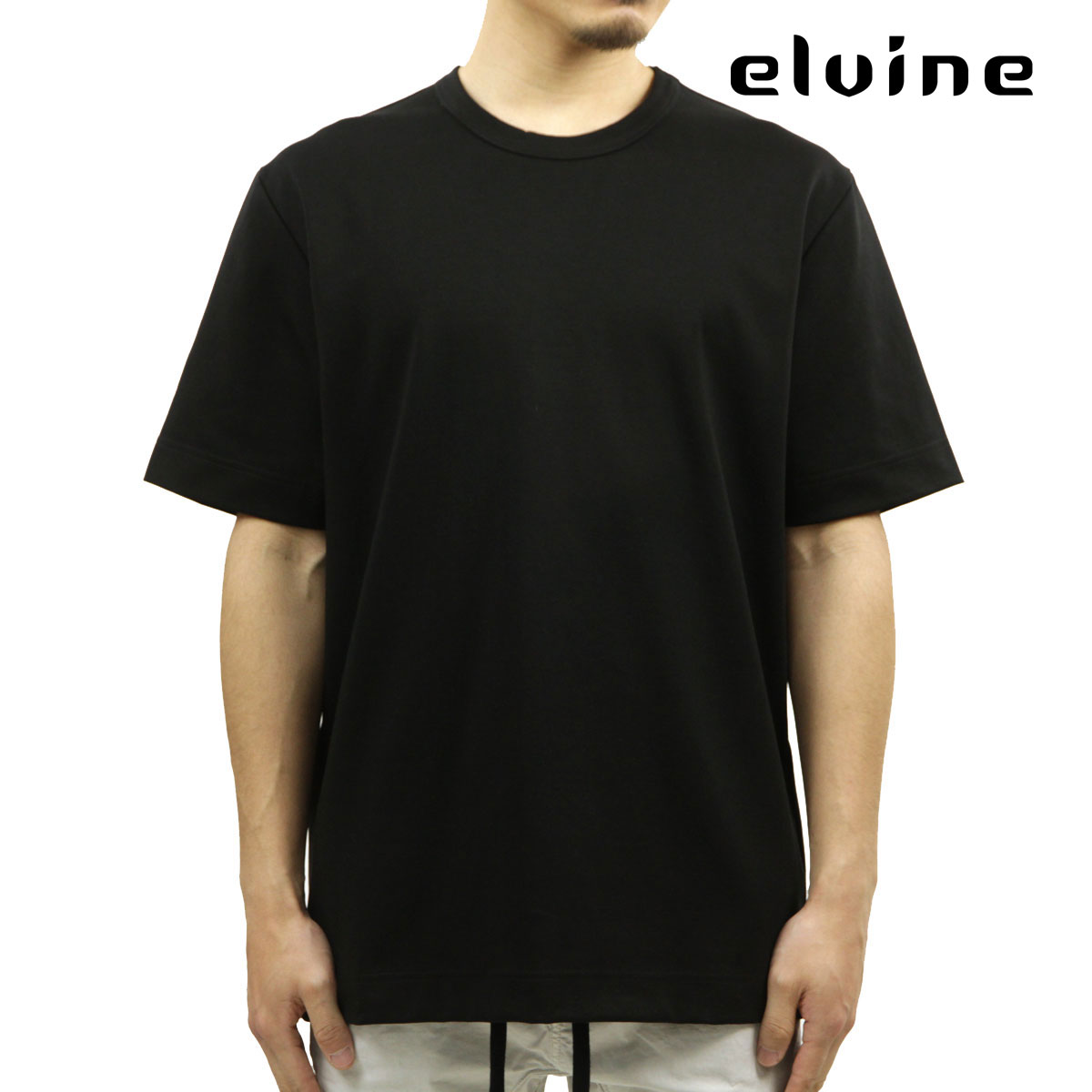 エルバイン メンズ 半袖プルオーバー 置き目売りわたす店 elvine 分かりやすい 労働者の一団のど首 HADAR DOUBLE FACED JERSEY T-SHIRT 330733 110 BLACK 父の日 差し上げ物 ラッピング