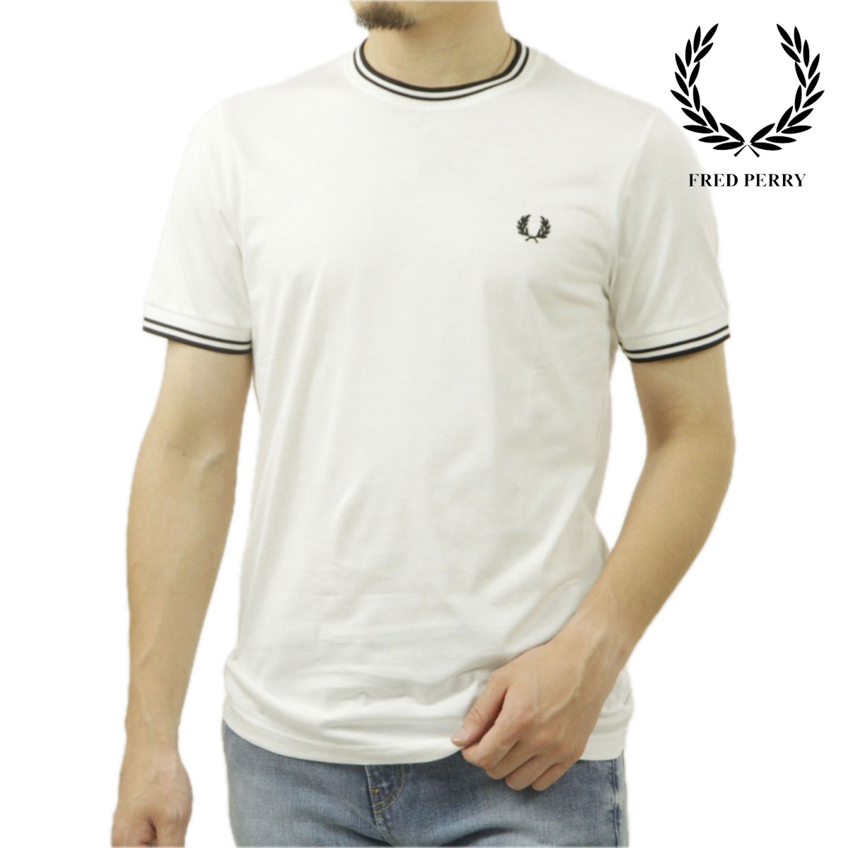 フレッドペリー メンズ 半袖Tシャツ 正規販売店 FRED PERRY クルーネック ワンポイント ロゴ TWIN TIPPED SHORT SLEEVE T-SHIRT M1588 100 WHITE