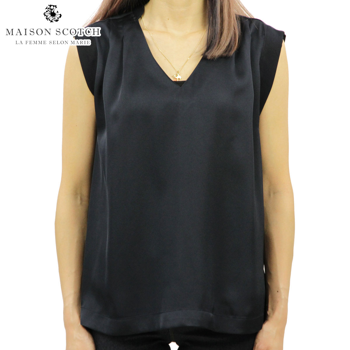 20%OFFセール 【販売期間 4/4 20:00～4/10 1:59】 メゾンスコッチ MAISON SCOTCH 正規販売店 レディース 無地 タンクトップ SLEEVELESS SILKY FEEL TOP WITH PLEAT DETAIL AT THE SHOULDER 143449 04 52814 NAVY