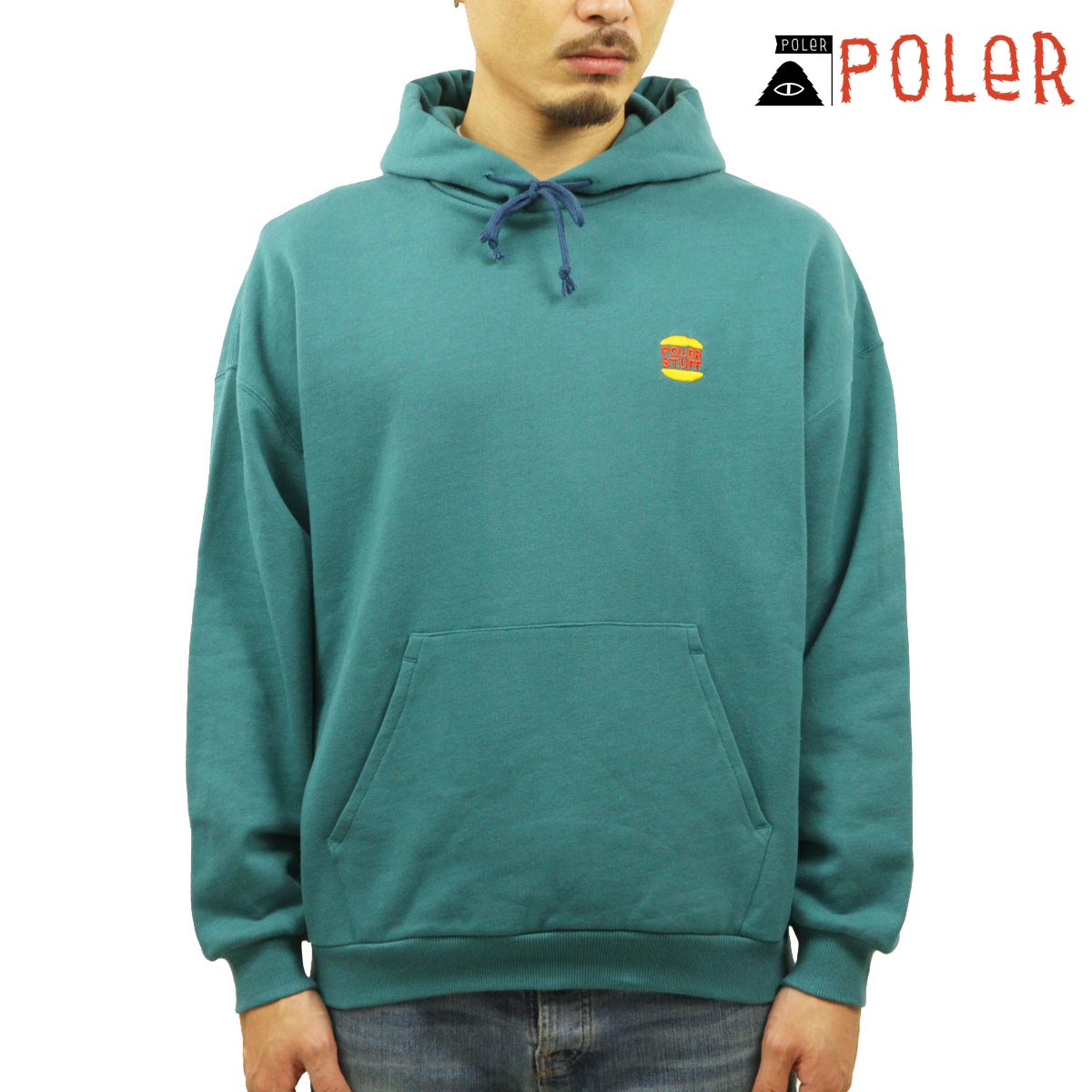 10%OFFセール 【販売期間 4/4 20:00～4/10 1:59】 ポーラー パーカー メンズ 正規販売店 POLER トップス プルオーバーパーカー ワンポイント STEAMED HAMS PULLOVER HOOD TEAL BLUE D 223MCV0037-TLB