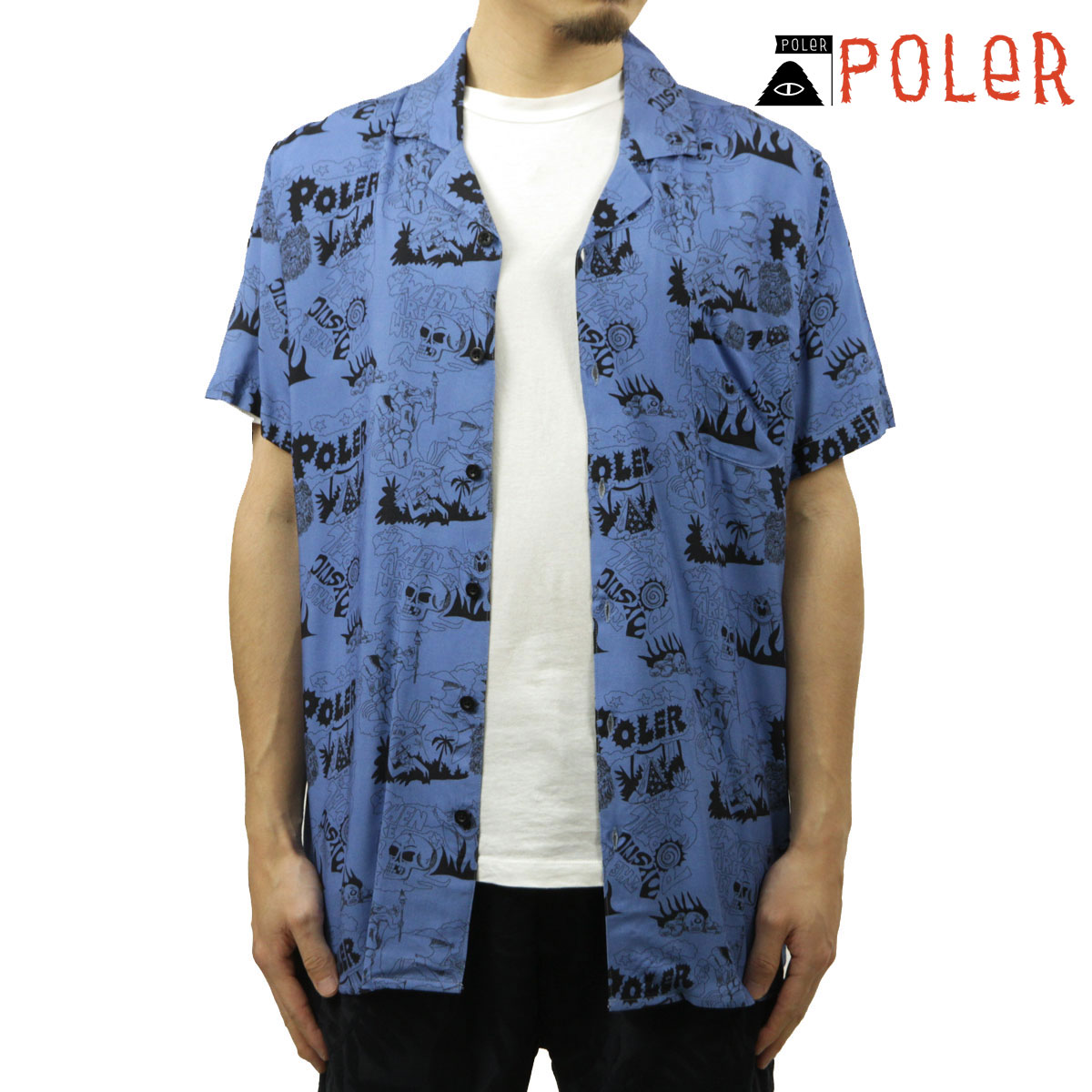 ポーラー メンズ アロハシャツ 正規販売店 POLER 半袖 開襟シャツ カジュアル ALOHA SHIRT SHORT SLEEVE APM3002 MYSTIC PORTAL BLUE