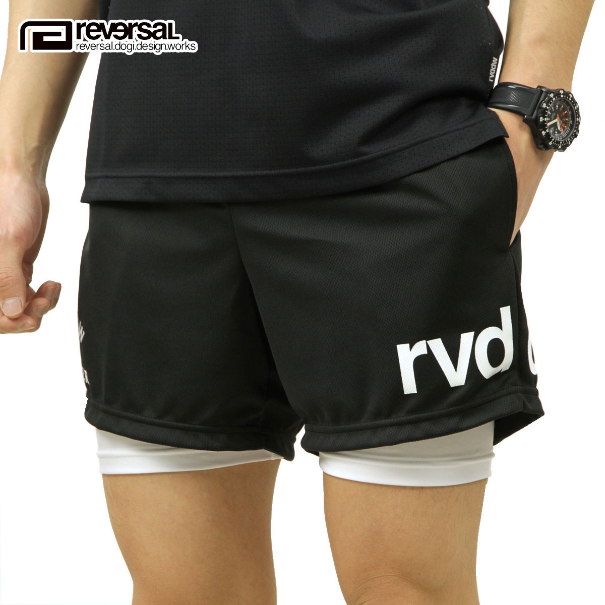 15%OFFクーポンセール 【利用期間 4/4 20:00～4/10 1:59】 リバーサル レギンス メンズ 正規販売店 REVERSAL rvddw ボトムス ショート丈レギンス インナー EASY SHORTS w/SPATS rv21ss609 BLACK