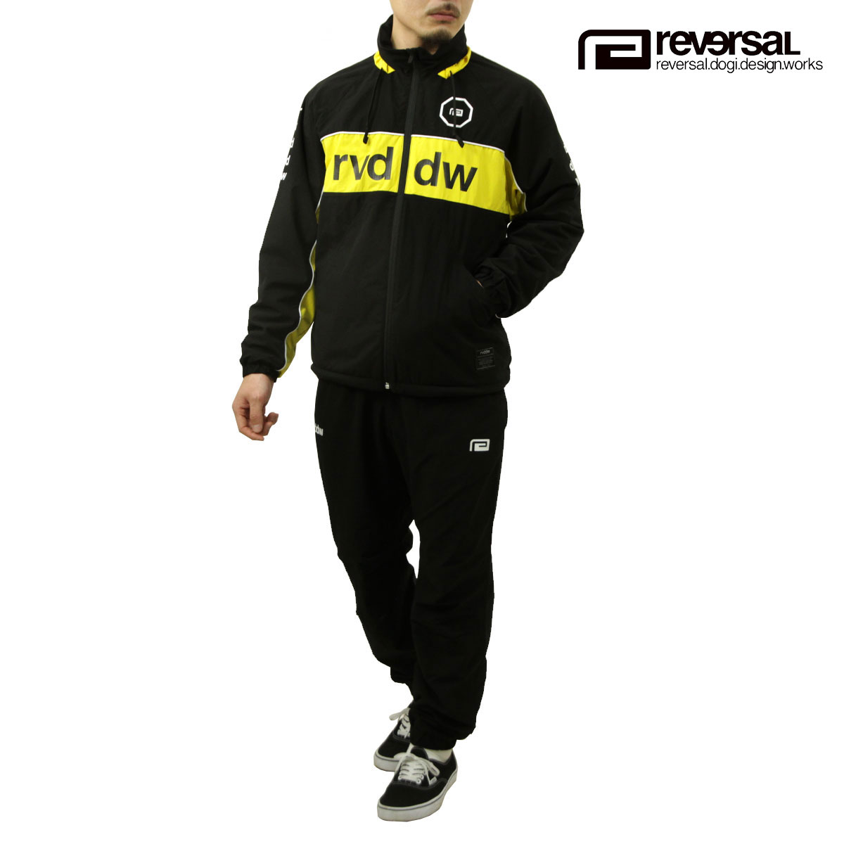 リバーエテ公 メンズ セットアップ 定め事売りわたす店 REVERSAL 上衣 ロングズボン下 COLOR BLOCK BACKYARD JACKET \u0026 PANTS 黒 rv25aw307 rv25aw405 BLACK 父の日 差し上げ物 ラッピング