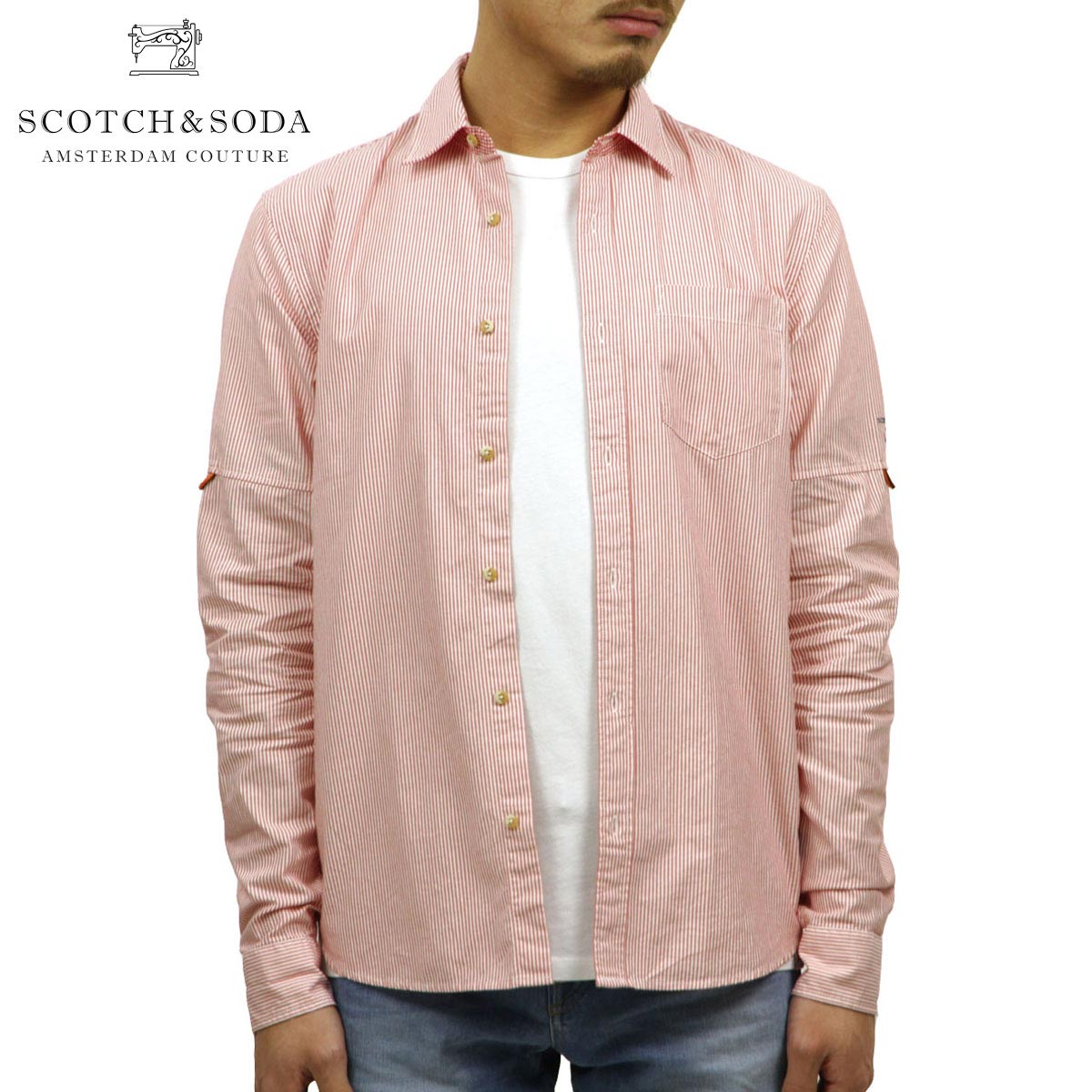 【ポイント10倍 4/14 20:00～4/17 9:59】 スコッチアンドソーダ SCOTCH＆SODA 正規販売店 メンズ ストライプ柄 半袖ドレスシャツ Yシャツ REGULAR FIT SLEEVE ROLL-UP SHIRT 148843 0219 COMBO C