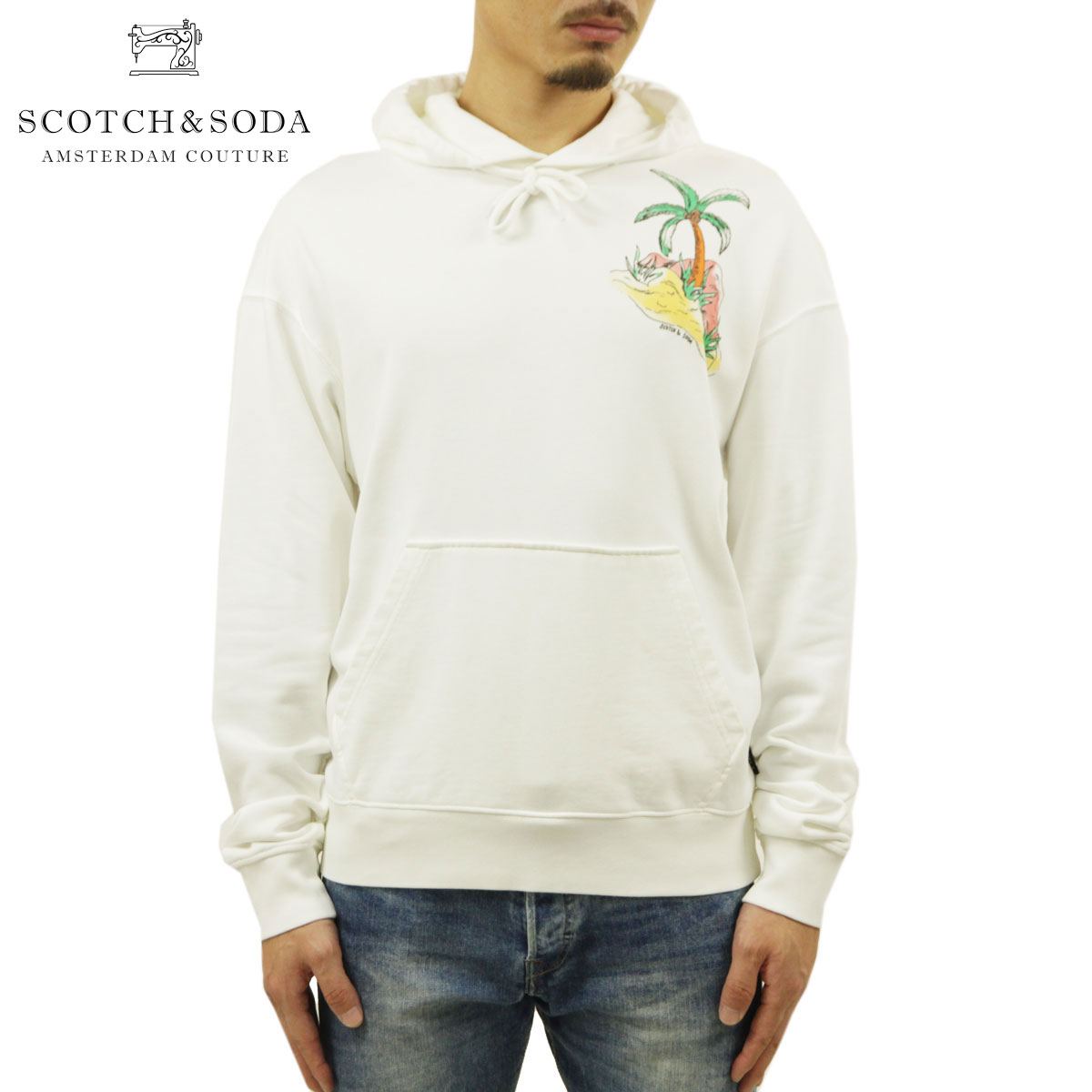 スコッチアンドソーダ パーカー メンズ 正規販売店 SCOTCH＆SODA プルオーバーパーカー RELAXED ORGANIC COTTON FELPA ARTWORKS PULLOVER HOODIE 160670 0102 DENIM WHITE