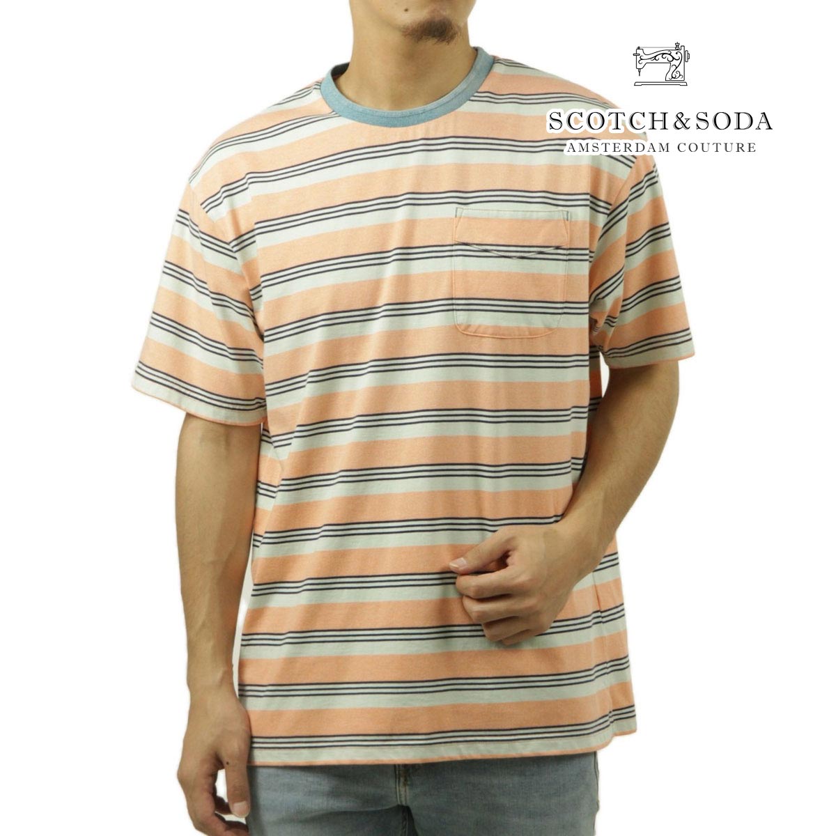 【ポイント10倍 4/14 20:00～4/17 9:59】 スコッチアンドソーダ メンズ 半袖Tシャツ 正規販売店 SCOTCH＆SODA クルーネック ボーダー ポケT YARN DYE STRIPE POCKET T-SHIRT 175644 7228 14412 19 PEACH GREEN MULTISTRIPE