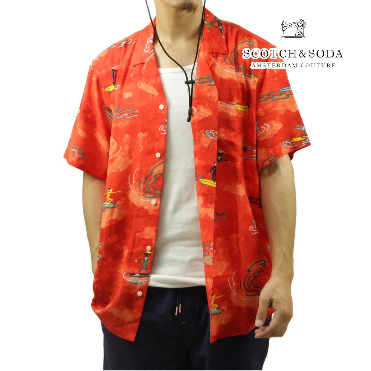 【ポイント10倍 4/14 20:00～4/17 9:59】 スコッチアンドソーダ メンズ 半袖シャツ 正規販売店 SCOTCH＆SODA ボタンダウン ビスコース アロハシャツ ALLOVER PRINTED VISCOSE SHORT SLEEVE SHIRT 177054 6115 12407 19 RED SURFER AOP