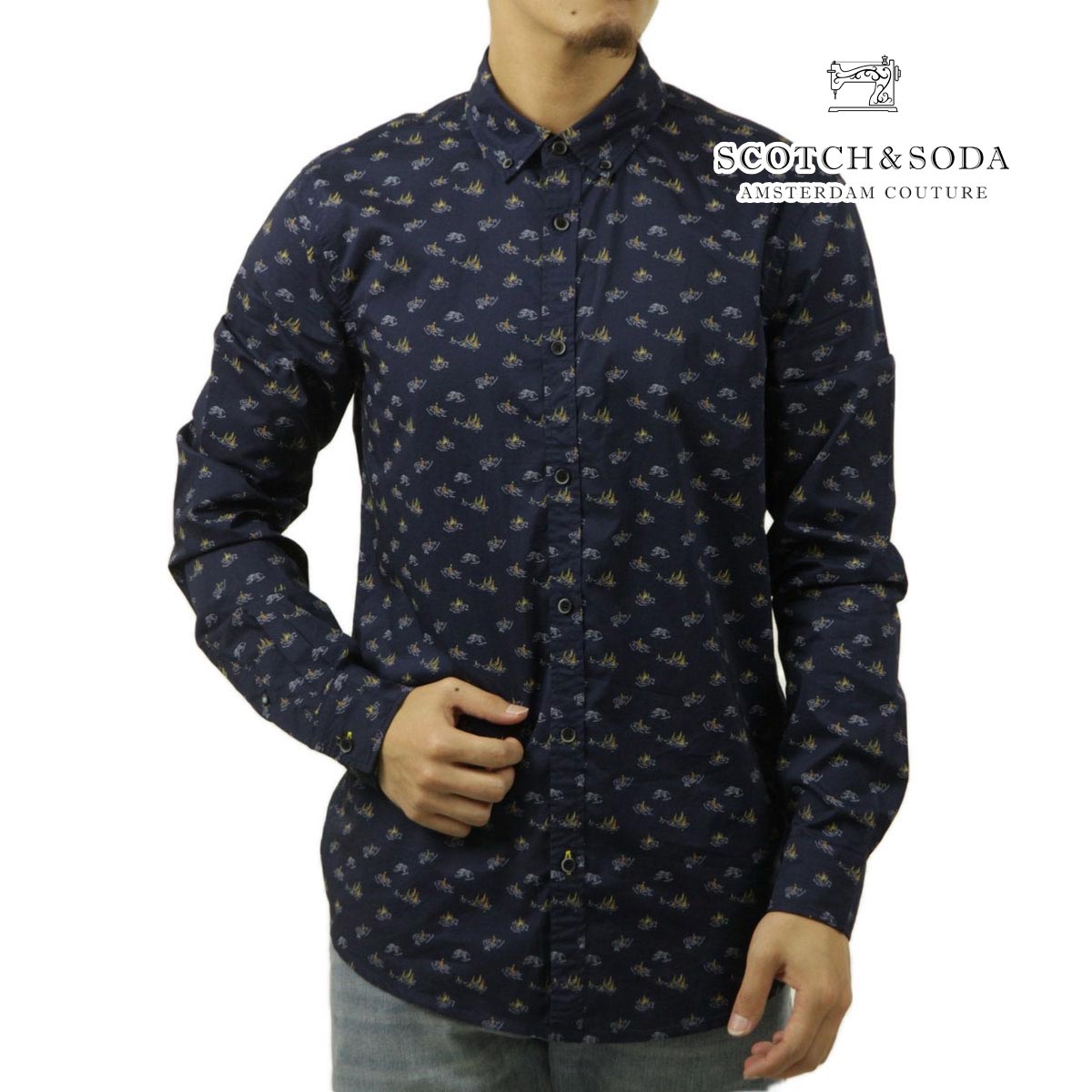【ポイント10倍 4/4 20:00～4/10 1:59】 スコッチアンドソーダ メンズ 長袖シャツ 正規販売店 SCOTCH＆SODA ボタンダウン DITSY AOP SHIRT P 175483 7113 11413 79 NAVY BLUE SAILBOAT AOP