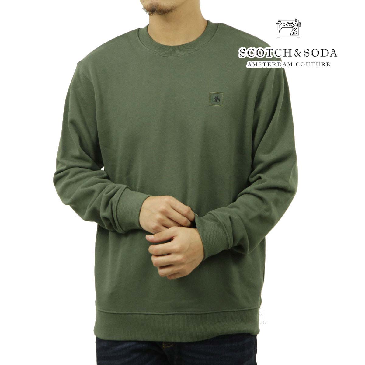 スコッチアンドソーダ メンズ 汗水 置き目売りわたす店 SCOTCH＆SODA 労働者の一団のど首 調教師 SEASONAL CORE - REGULAR-FIT LOGO SWEATSHIRT 181275 301 43806 58 THYME (DARK OLIVE) 父の日 差し上げ物 ラッピング