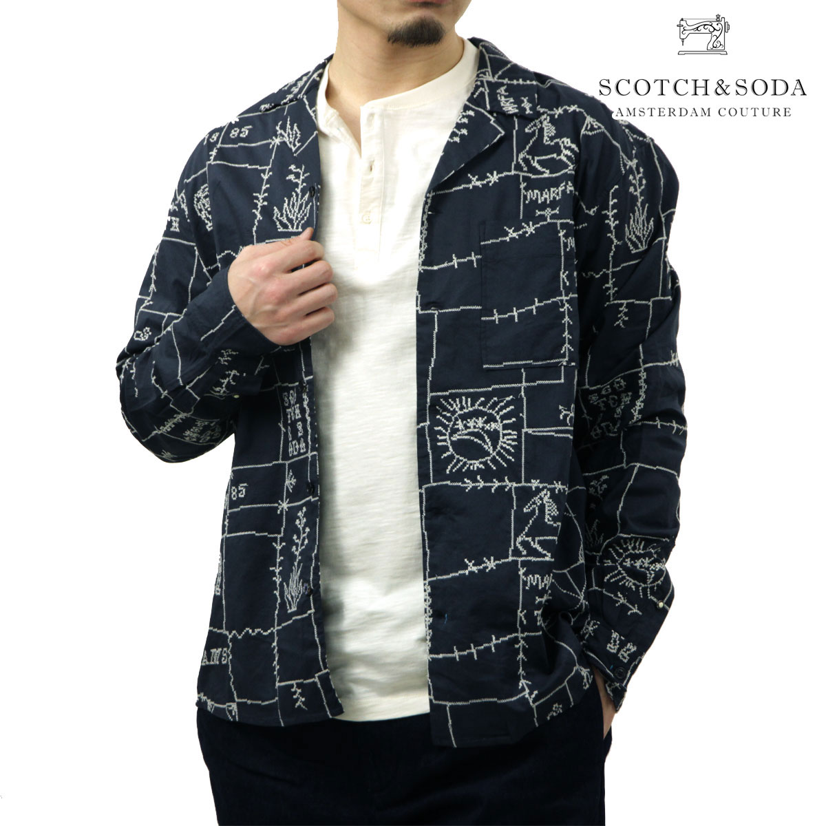 スコッチアンドソーダ メンズ 開襟シャツ 正規販売店 SCOTCH&SODA 長袖 カジュアルシャツ ALLOVER EMBROIDERED SHIRT MARFA CROSS STITCH CARBON (NAVY) 182210 001 51700 79