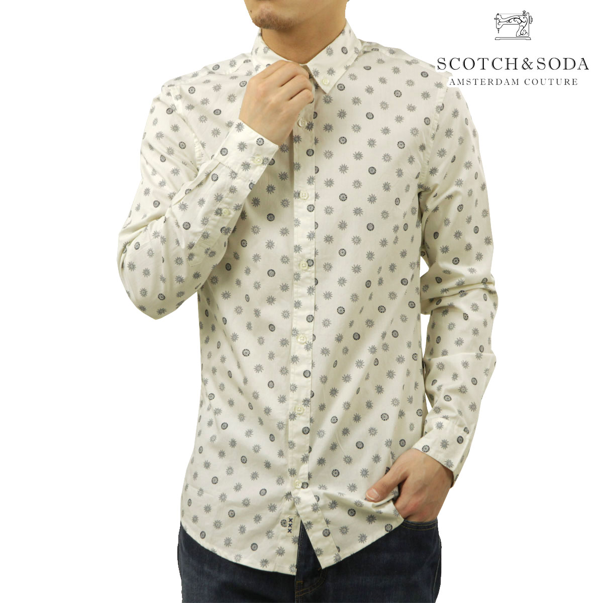 スコッチアンドソーダ メンズ 長袖シャツ 正規販売店 SCOTCH&SODA ボタンダウン ポプリンシャツ MICROPRINT POPLIN SLIM FIT SHIRT FOULARD EGGNOG 183058 100 51415 09