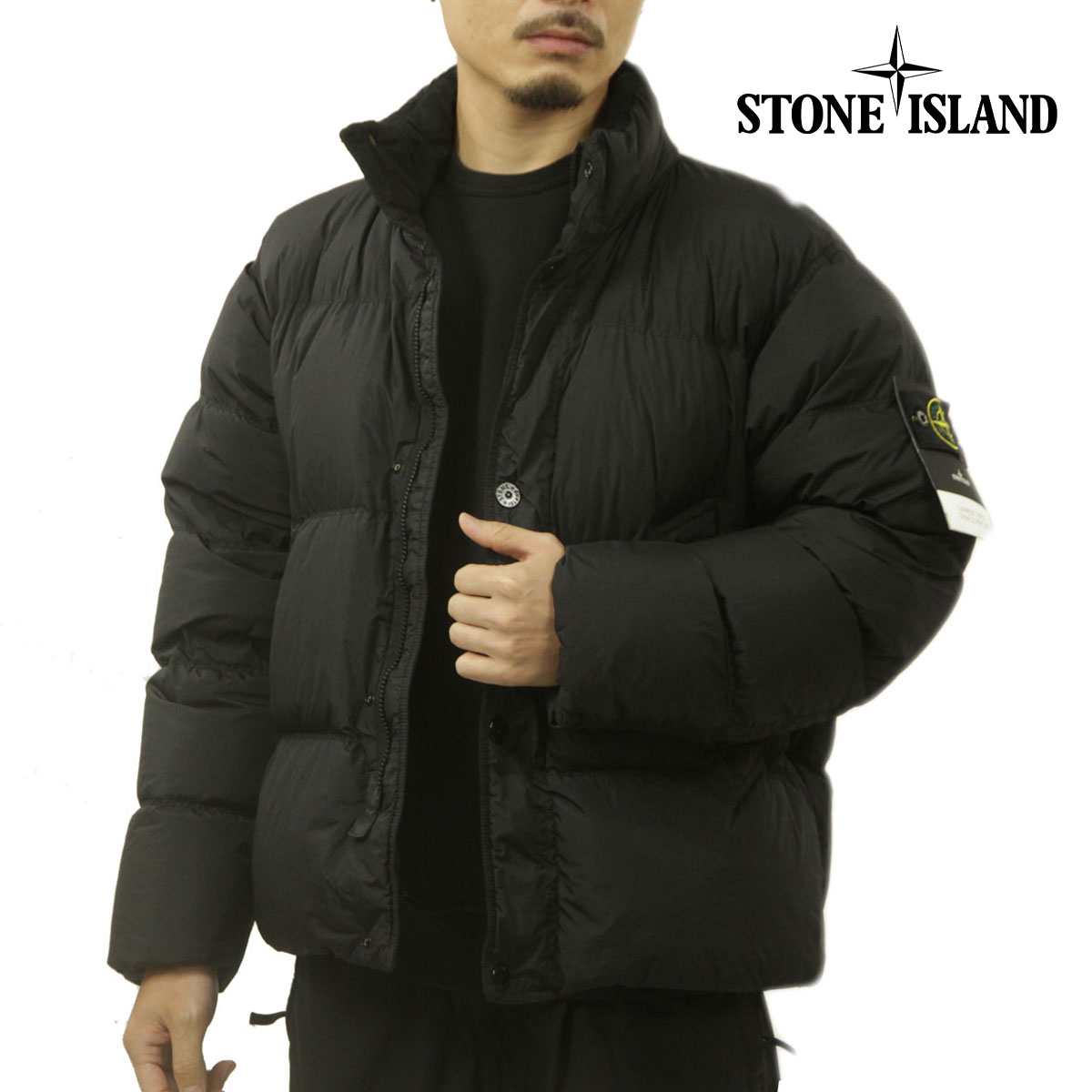 ストーンアイランド メンズ ダウンジャケット 正規品 STONE ISLAND ボタンダウン ナイロン ボンバージャケット STONE ISLAND CRINKLE REPS NY, RECYCLED NYLON BOMBER DOWN JACKET K2S15 4100010 V0029 BLACK