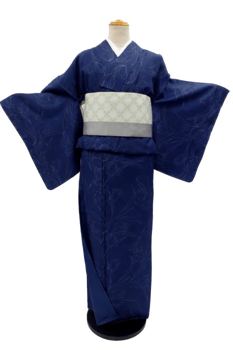 洗える着物 袷 小紋 ポリエステル 着物単品 プレタ着物 仕立て上がり レディース あわせ 古典柄 カジュアル お洒落着 お稽古着 普段着 和装 Mサイズ 紺地 チューリップ柄
