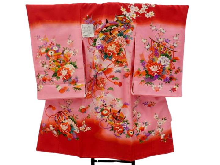 お宮参り 初着 女の子 産着 着物 一つ身 お祝い着 赤ちゃん 正絹 赤 ピンク地 糸巻 牡丹 柄No.1｜京の呉服屋・雅サロン