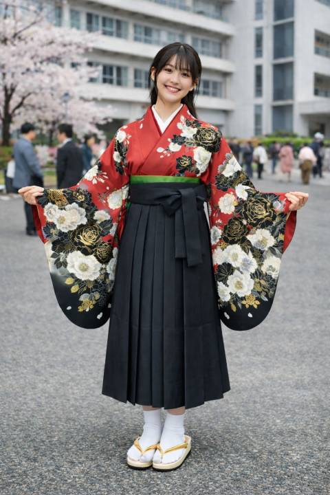 【レンタル】小学生 卒業式 袴 女の子 紋付き袴 フルセット 往復送料無料 黒地に桜柄no22