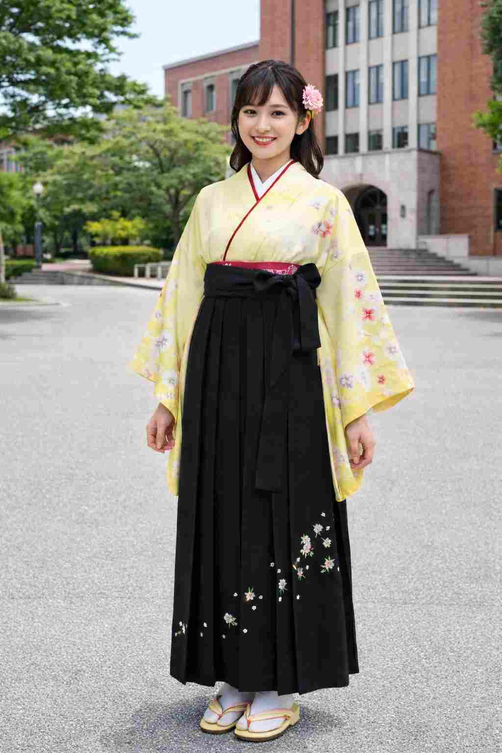 【レンタル】小学生 卒業式 袴 女の子 紋付き袴 フルセット 往復送料無料 黄色地に花柄no30