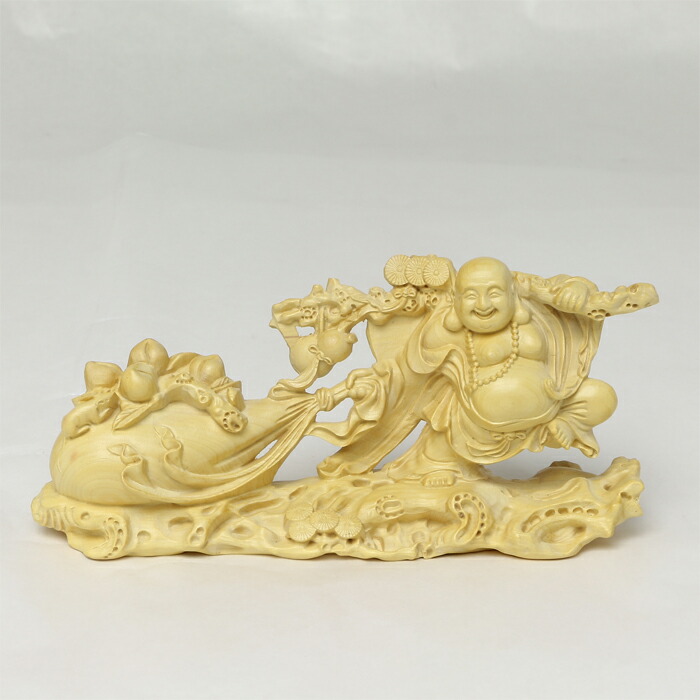 【 伊勢 宮忠 】【 木彫 福布袋 No.2 】幅14cm 奥行き3.7cm 高さ6.4cm 神具 神棚 七福神 置物 招福 布袋 彫刻 上彫